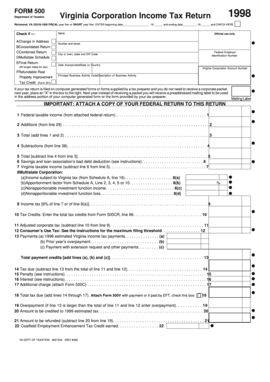 Fillable Form 500 - Virginia Corporation Income Tax Return - 1998 Printable pdf