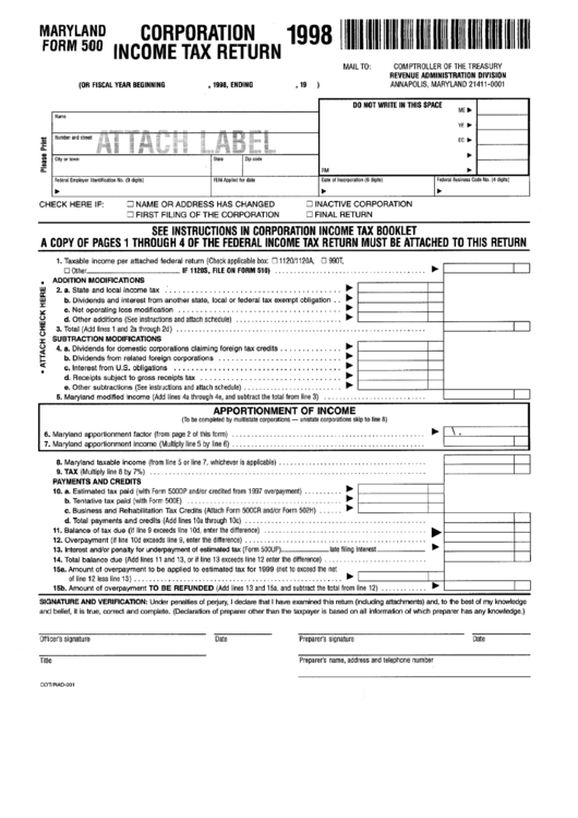 Fillable Form 500 - Corporation Income Tax Return - Maryland - 1998 Printable pdf