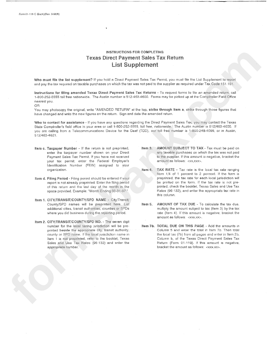 Form 01-118-C - Texas Direct Payment Sales Tax Return List Supplement