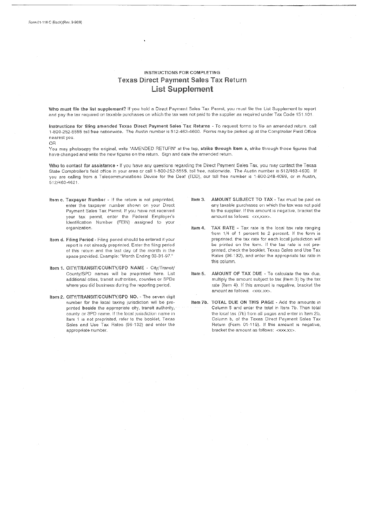 Form 01-118-C - Texas Direct Payment Sales Tax Return List Supplement Printable pdf