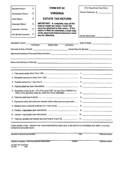 Fillable Form Est-80 - Virginia Estate Tax Return Printable pdf