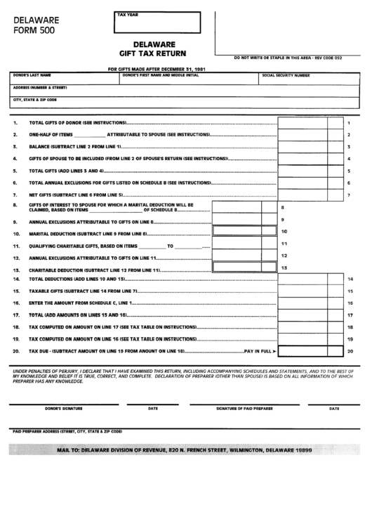 Fillable Form 500 - Delaware Gift Tax Return Printable pdf
