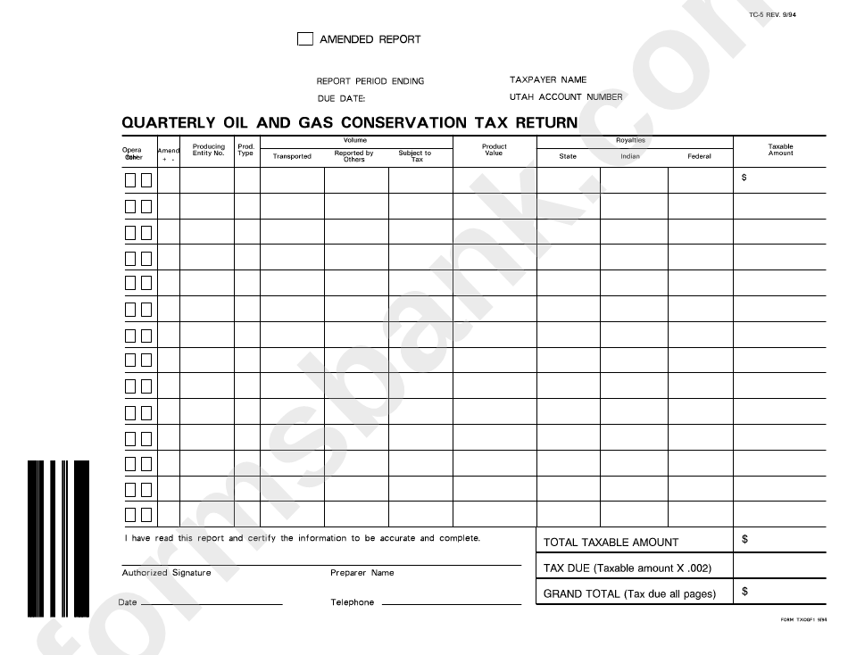 Form Tc-5 - Quarterly Oil And Gas Conservation Tax Return - Utah