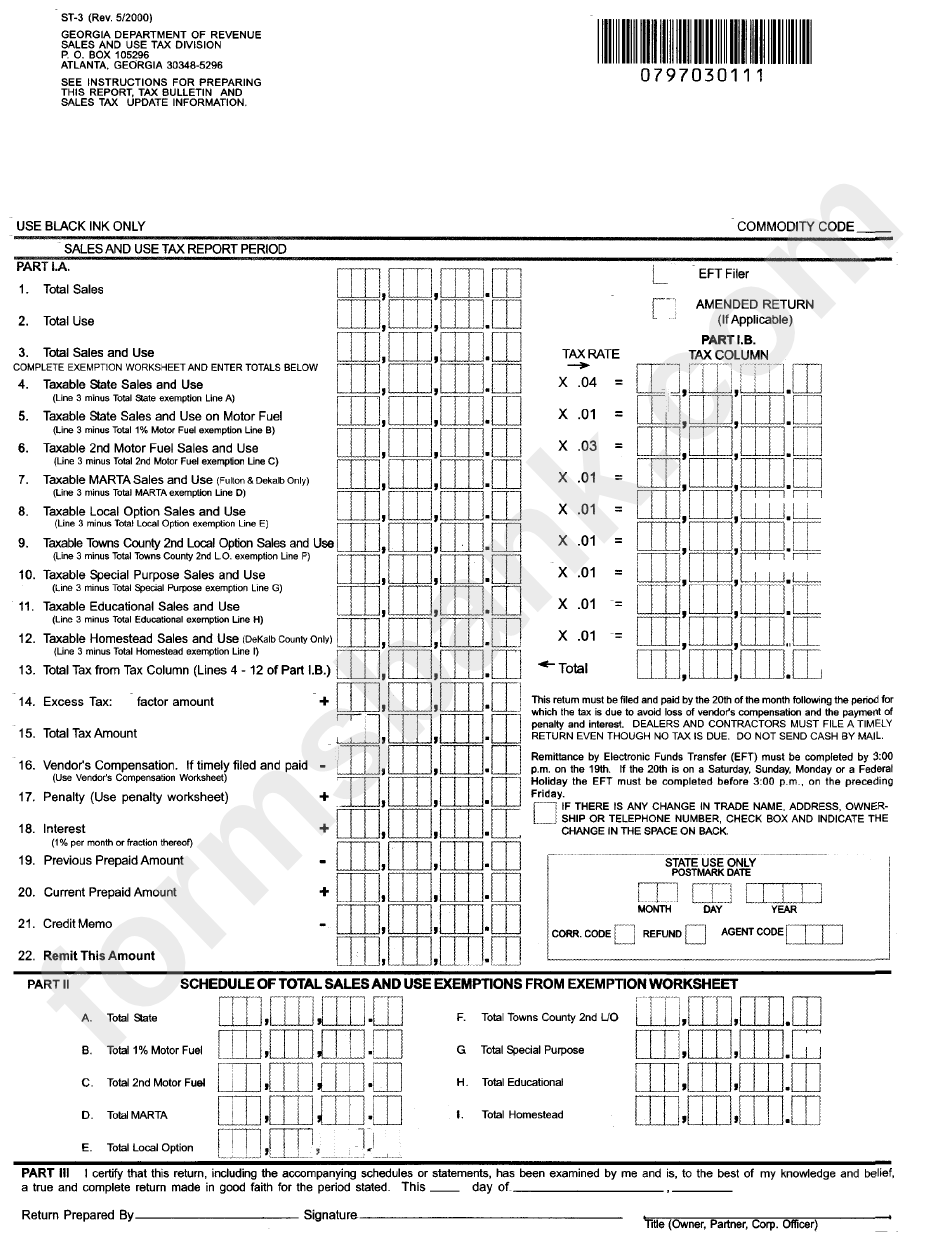 Form St-3 - Sales And Use Tax Return - Georgia Department Of Revenue