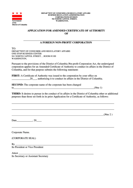 Application For Amended Certificate Of Authority Of A Foreign Non-Profit Corporation - Government Of The District Of Columbia Printable pdf