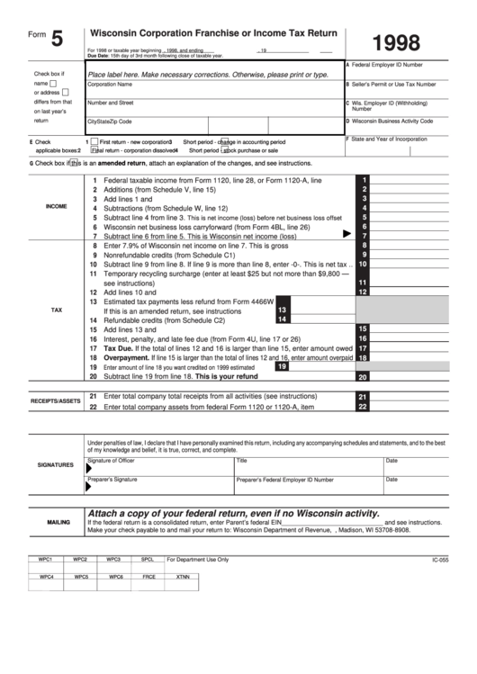 Fillable Form 5 - Wisconsin Corporation Franchise Or Income Tax Return - 1998 Printable pdf