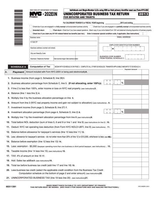 Form Nys-202ein - Unincorporated Business Tax Return - 2013 Printable pdf