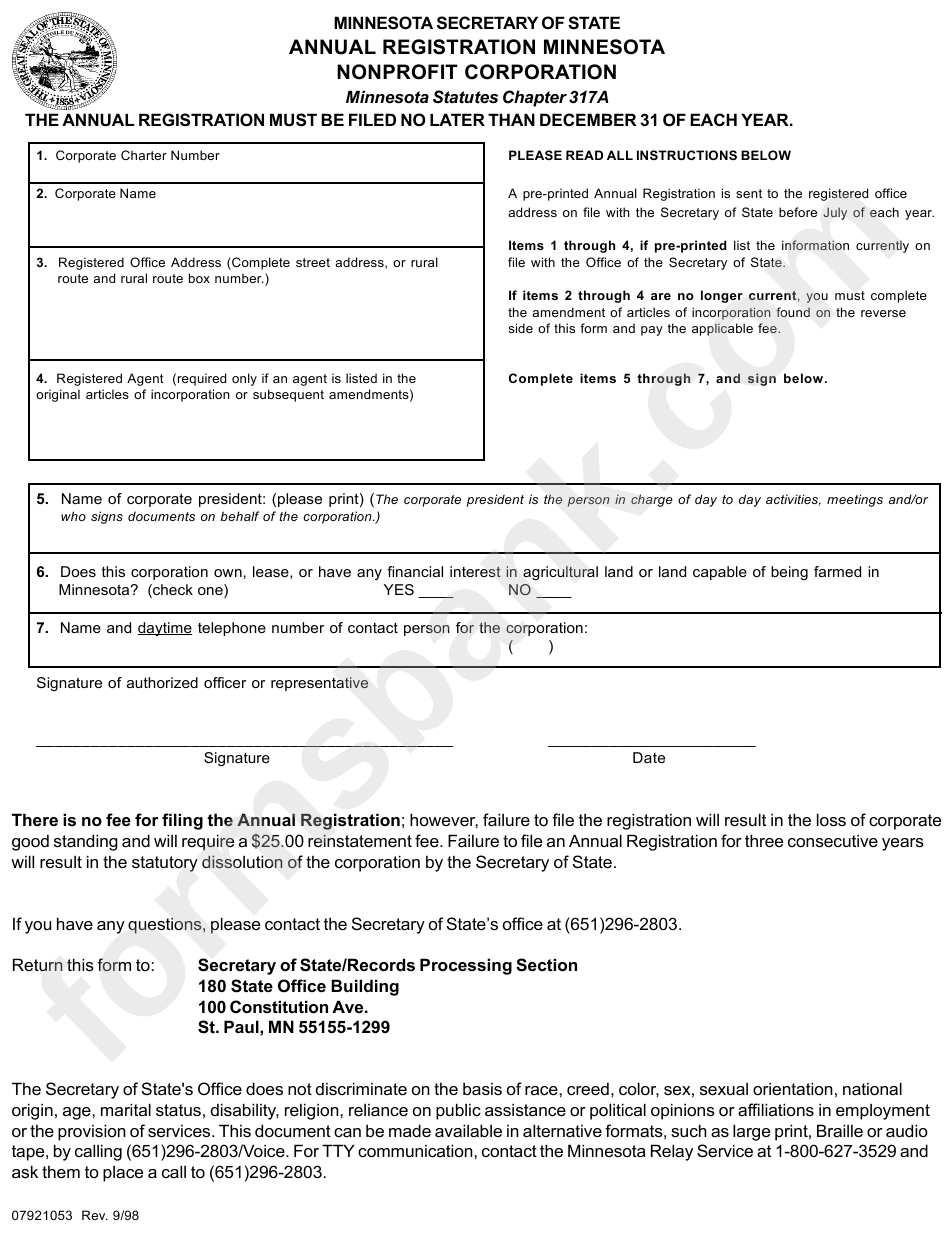 Form 07921053 - Annual Registration Minnesota Nonprofit Corporation