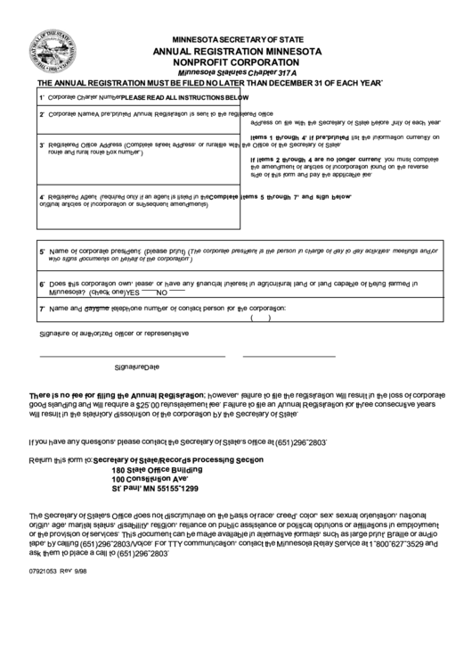 Form 07921053 - Annual Registration Minnesota Nonprofit Corporation Printable pdf