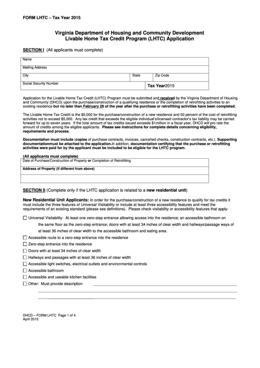 Form Lhtc - Livable Home Tax Credit Program (Lhtc) Application - 2015 Printable pdf