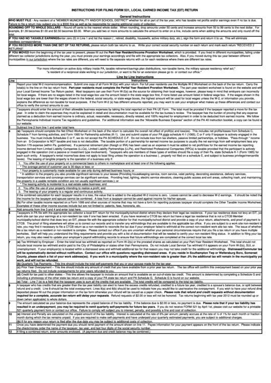 Instructions For Filing Form 531 Local Earned Tax (Eit) Return