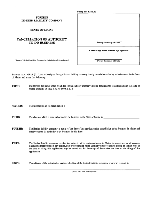 Form Mllc-12b - Concelation Of Authority To Do Business - State Of Maine Printable pdf