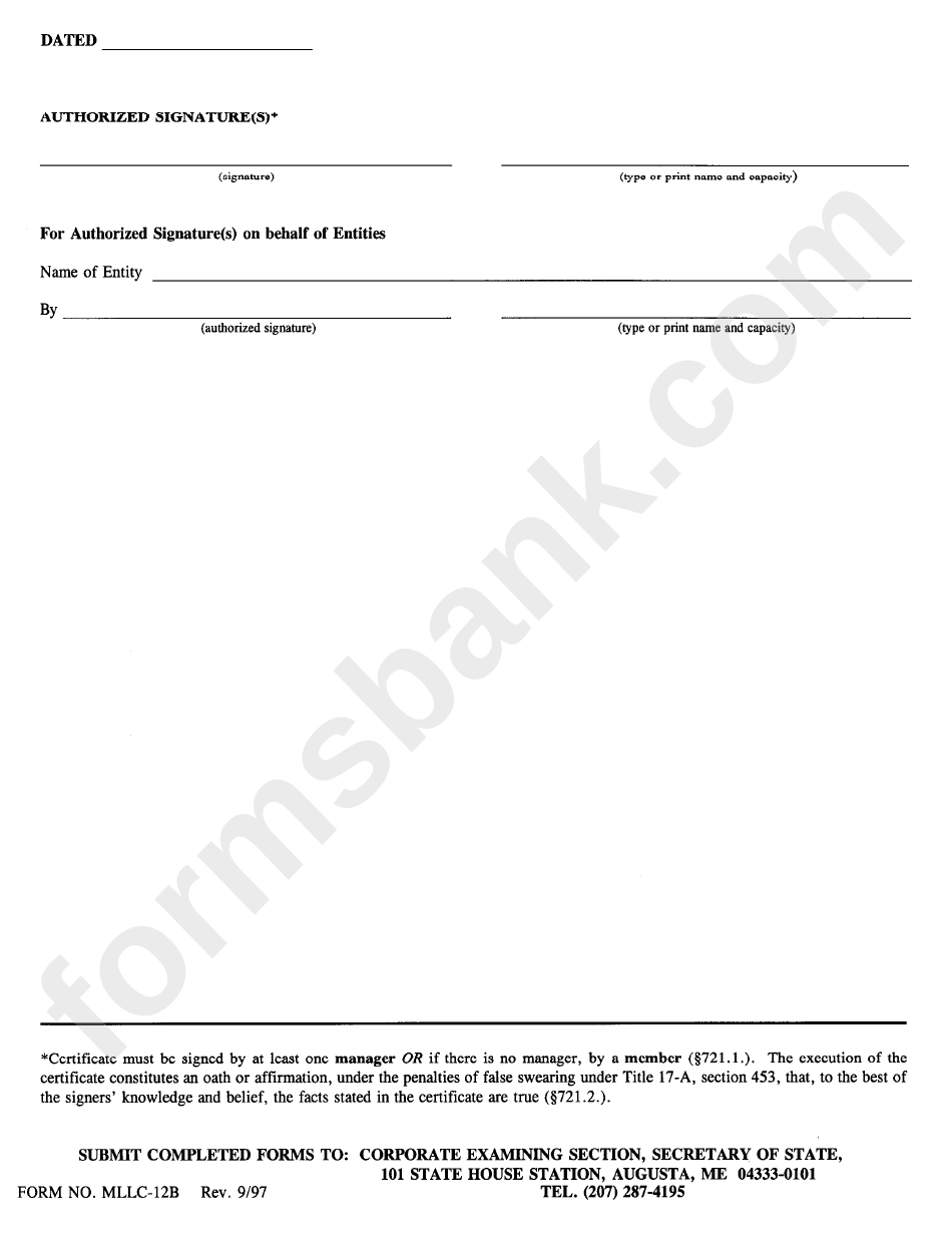 Form Mllc-12b - Concelation Of Authority To Do Business - State Of Maine