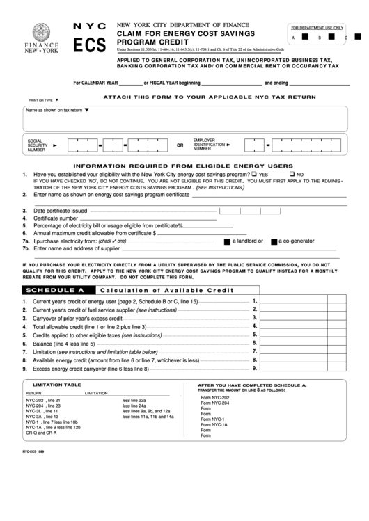 Form Nyc-Ecs - Claim For Energy Cost Savings Program Credit - 1999 Printable pdf