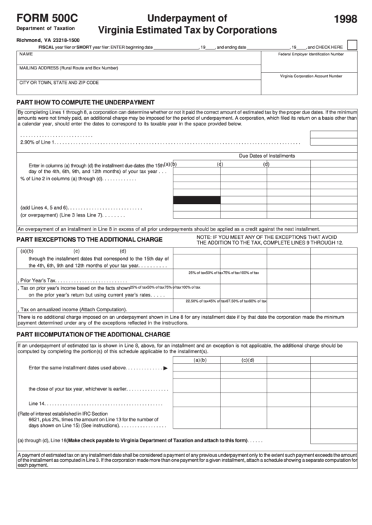 Fillable Form 500c - Underpayment Of Virginia Estimated Tax By Corporations - 1998 Printable pdf