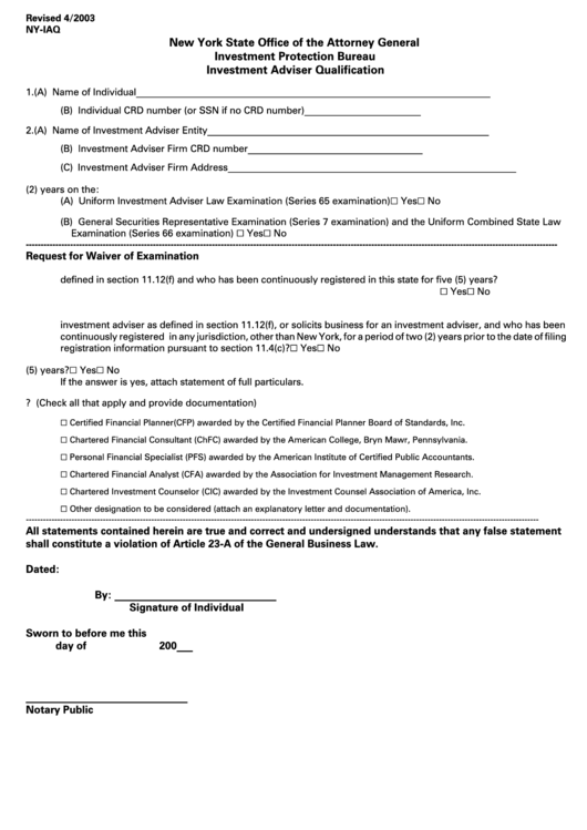 Fillable Form Ny-Iaq - Investment Adviser Qualification - New York State Office Of The Attorney General Printable pdf