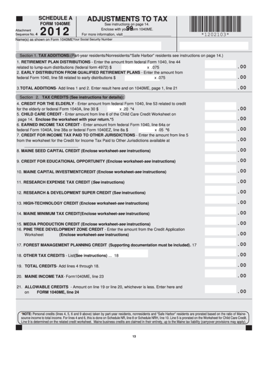 Schedule A Form 1040me - Adjustments To Tax - 2012 Printable pdf