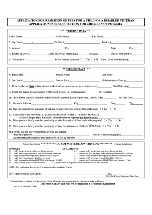 State Form 20234 - Application For Remission Of Fees For A Child Of A Disabled Veteran -Application For Free Tuition For Children Of Pow/mia Printable pdf