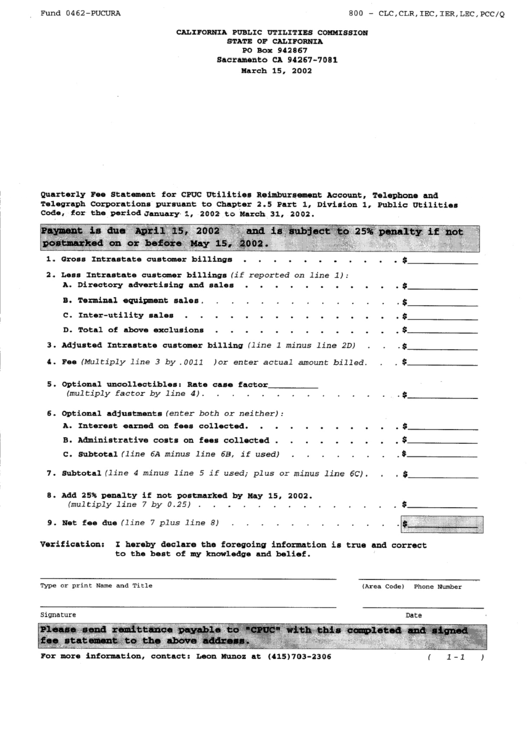 Form Fund 0462-Pucura - Quarterly Fee Statement For Cpuc Utilities Reimbursement Account, Telephone And Telegraph Corporations - 2002 Printable pdf