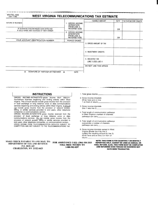 Form Wv/tel-500 - West Virginia Telecommunications Ta Estimate - 1998 Printable pdf