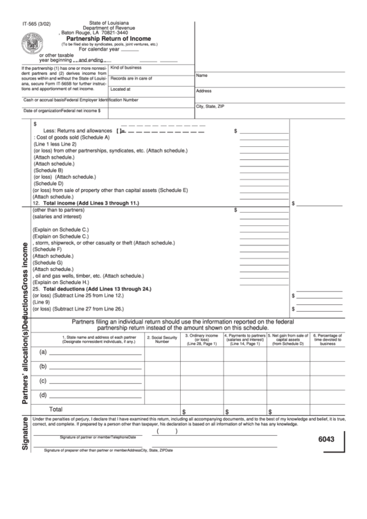Form It-565 - Partnership Return Of Income Printable pdf