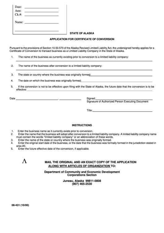 Form 08-431 - Application For Certificate Of Conversion