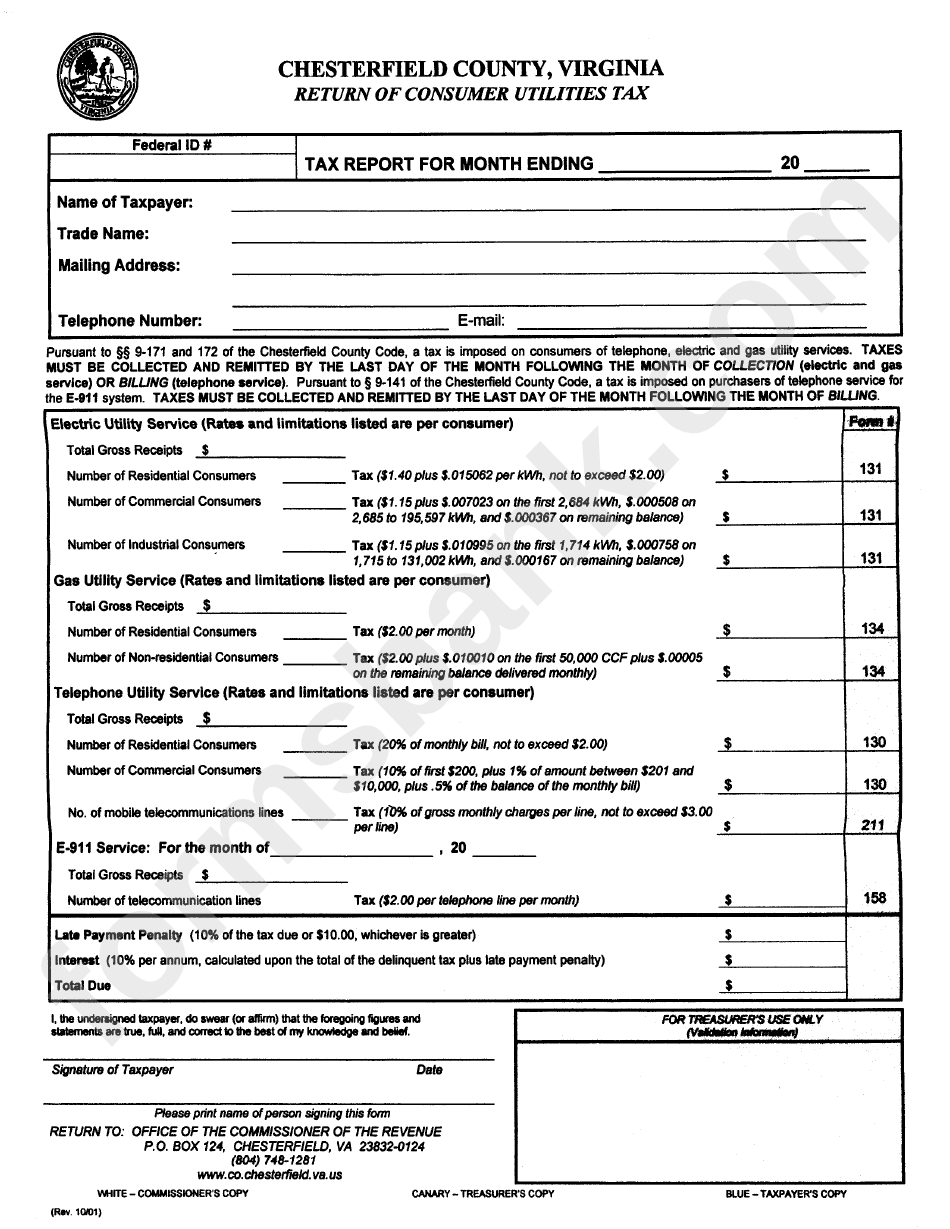 Return Of Consumer Utilities Tax Form - Chesterfield County, Virginia