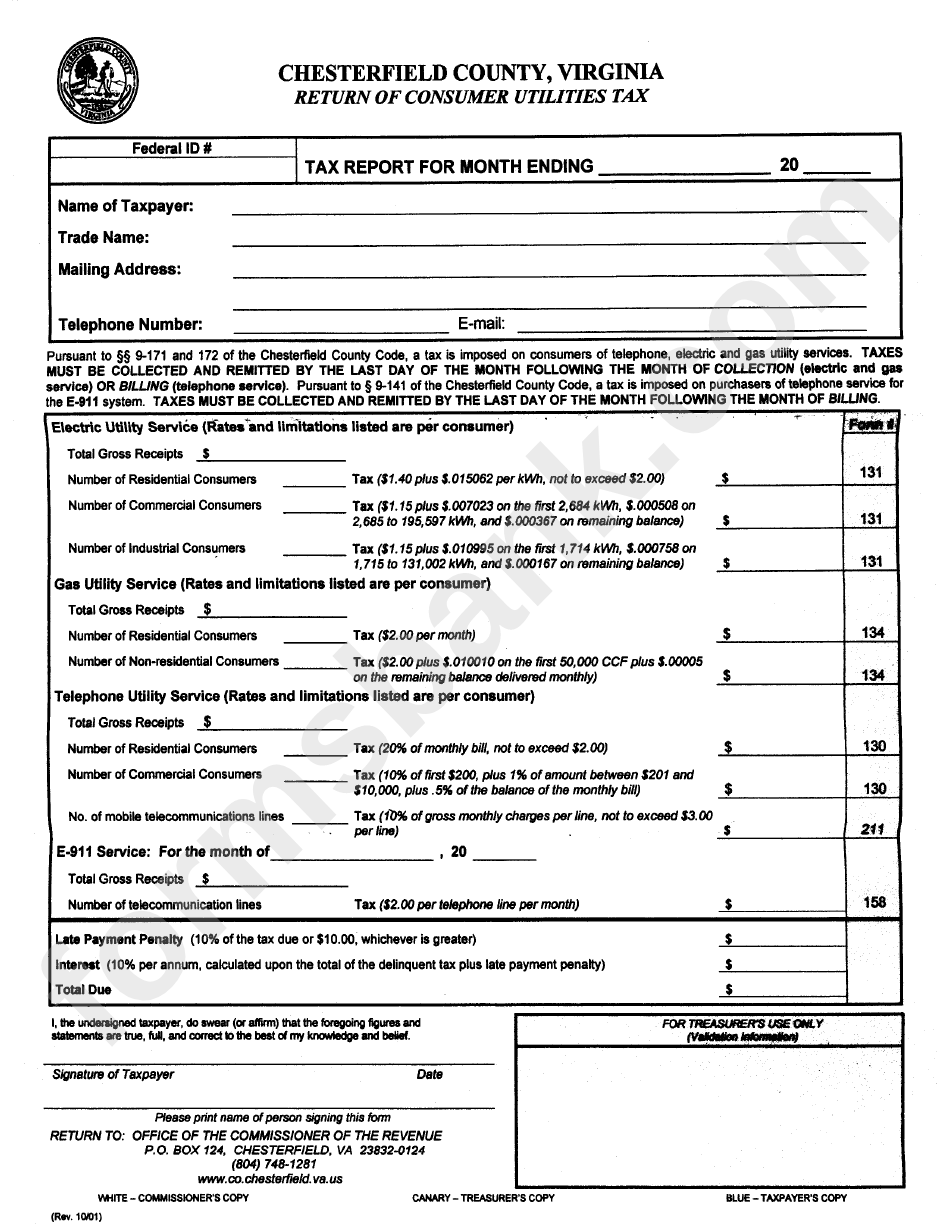 Return Of Consumer Utilities Tax Form - Chesterfield County, Virginia