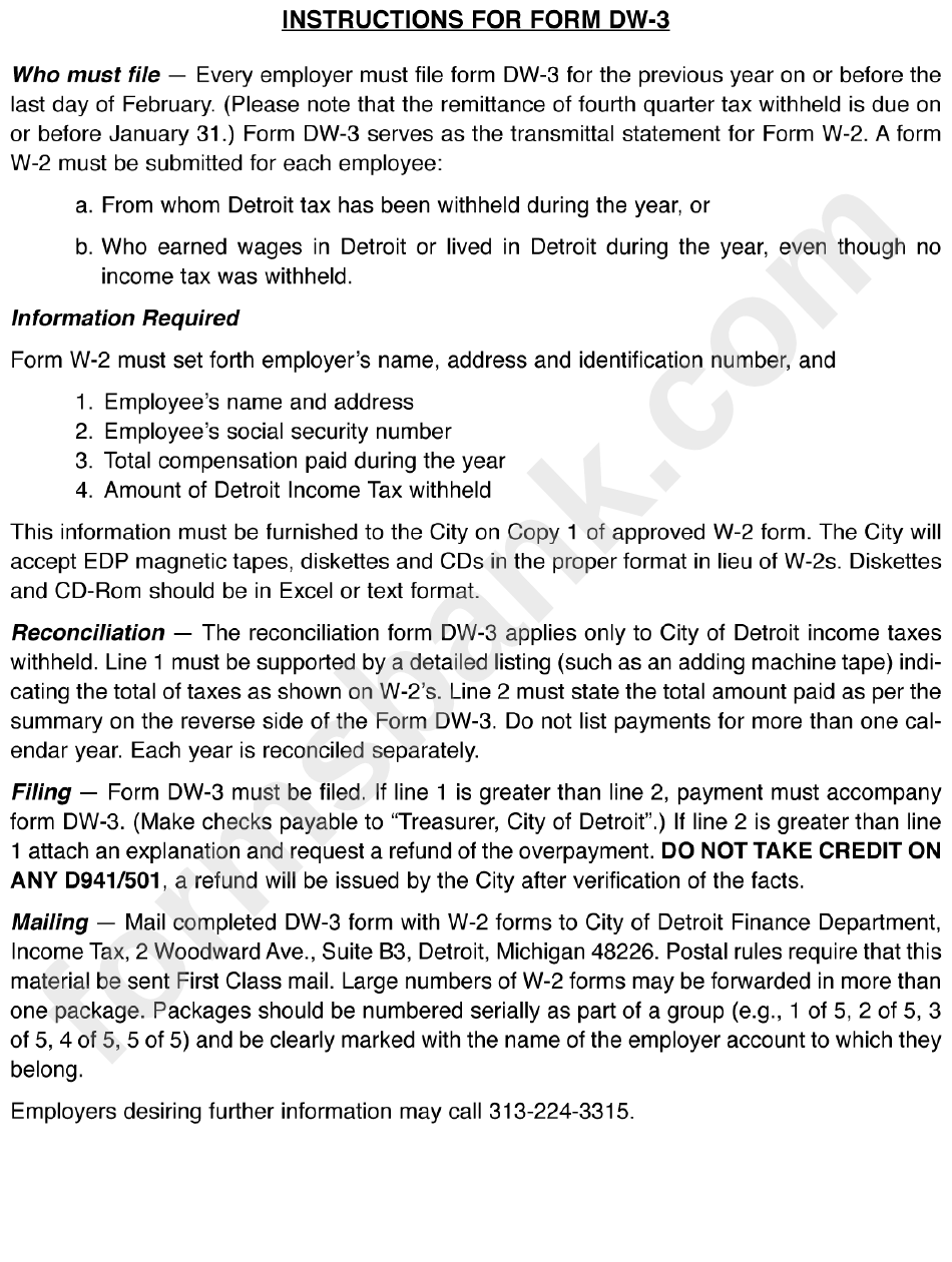 Instructions For Form Dw3 Tax Withheld City Of Detroit