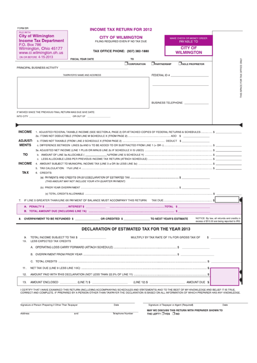Form Br - Income Tax Return - City Of Wilmington - 2012 Printable pdf