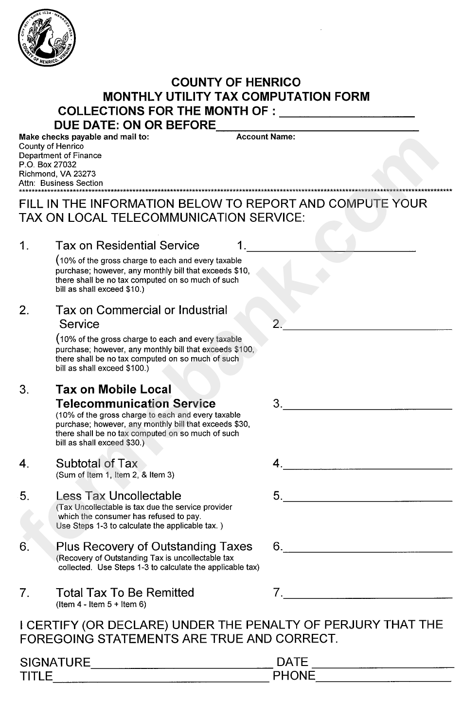 Monthly Utility Tax Computation Form - County Of Henrico - 2002