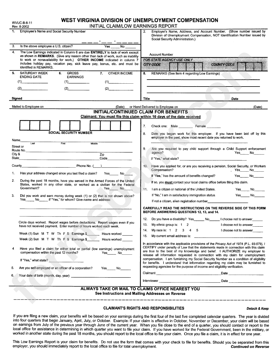 Form Wvuc-B-6-11 - Initial Claim/low Earnigs Report - 2002