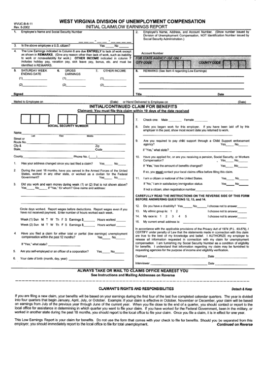 Form Wvuc-B-6-11 - Initial Claim/low Earnigs Report - 2002 Printable pdf