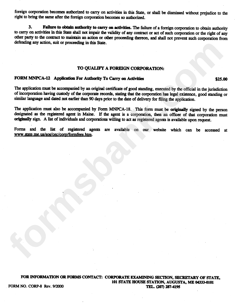 Form Mnca-12 - Foriegn Corporations Title 13-B - 2000