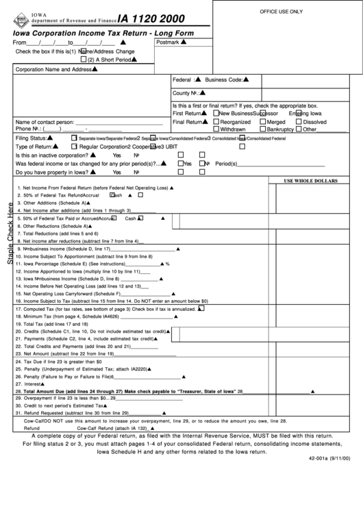 Form Ia 1120 - Iowa Corporation Income Tax Return - Long Form - 2000 ...