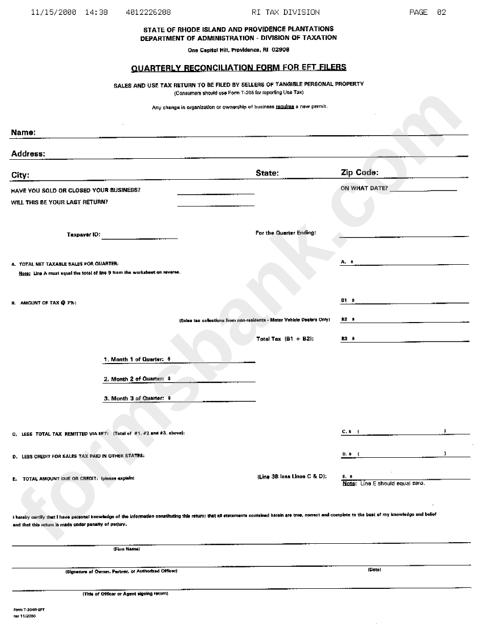 Form T-204r-Eft - Quarterly Reconciliation Form For Eft Fillers