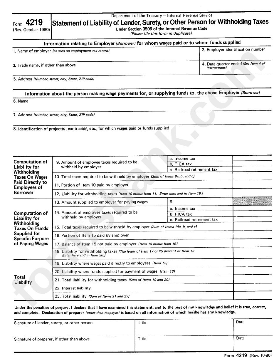 Form 4219 - Statement Of Liability Of Lender, Surety, Or Other Person For Withholding Taxes - 1980