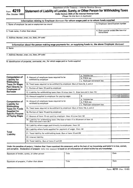 Form 4219 - Statement Of Liability Of Lender, Surety, Or Other Person For Withholding Taxes - 1980 Printable pdf