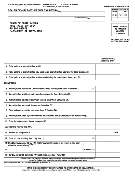 Fillable Form Boe-501-Mj - Dealer Of Aircraft Jet Fuel Tax Return Printable pdf