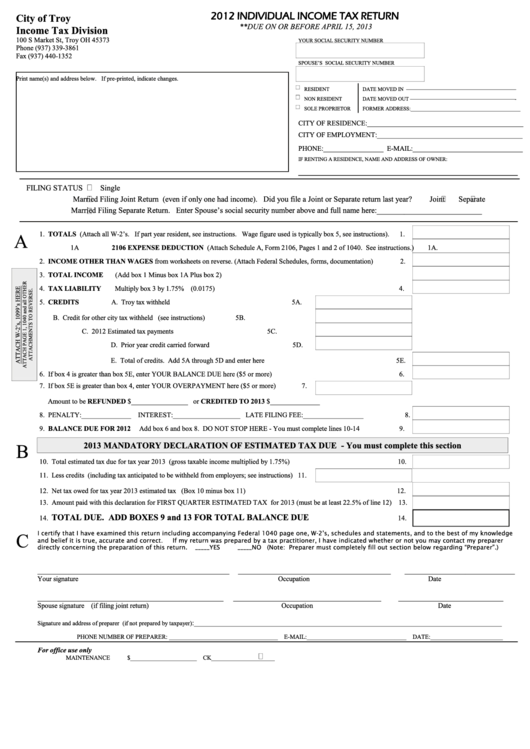 2012 Individual Income Tax Return - City Of Troy Income Tax Division Printable pdf