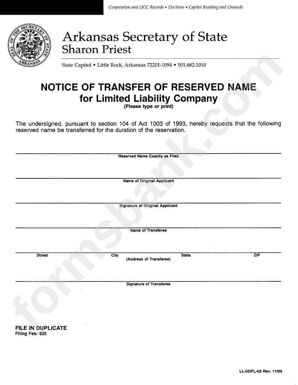 Form Ll-05/fl-05 - Notice Of Transfer Of Reserved Name For Limited Liability Company