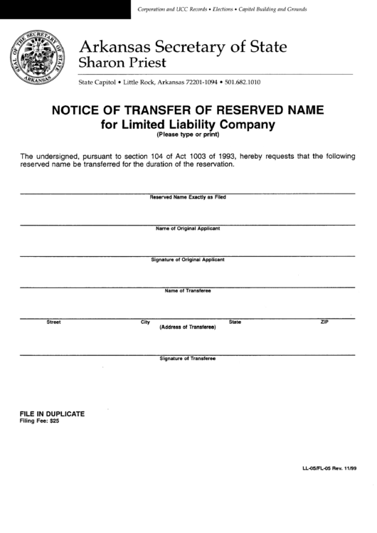 Form Ll-05/fl-05 - Notice Of Transfer Of Reserved Name For Limited Liability Company Printable pdf