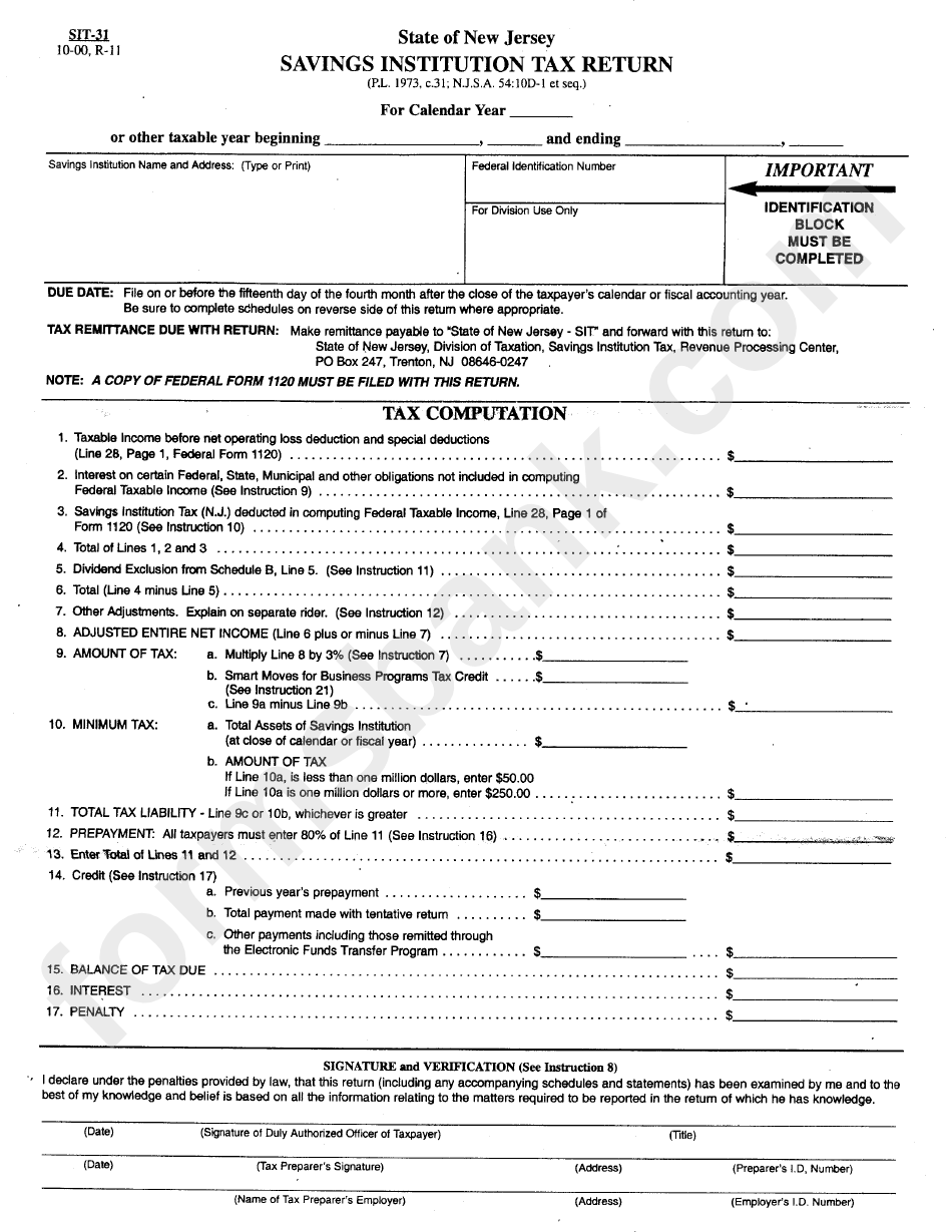 Form Sit-31 - Saving Institution Tax Return - State Of New Jersey - 2000
