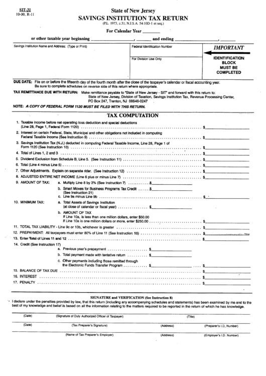 Form Sit-31 - Saving Institution Tax Return - State Of New Jersey - 2000 Printable pdf