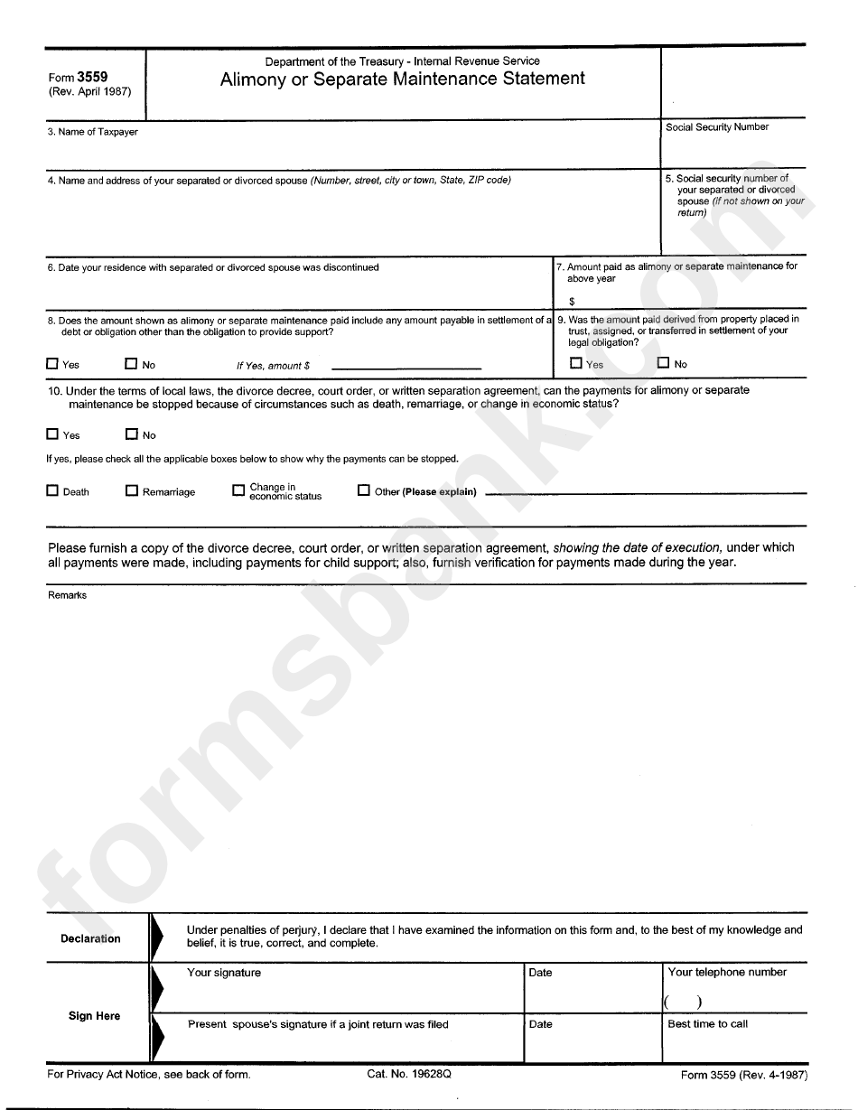 Form 3559 - Alimony Or Separate Maintenance Statement - 1987