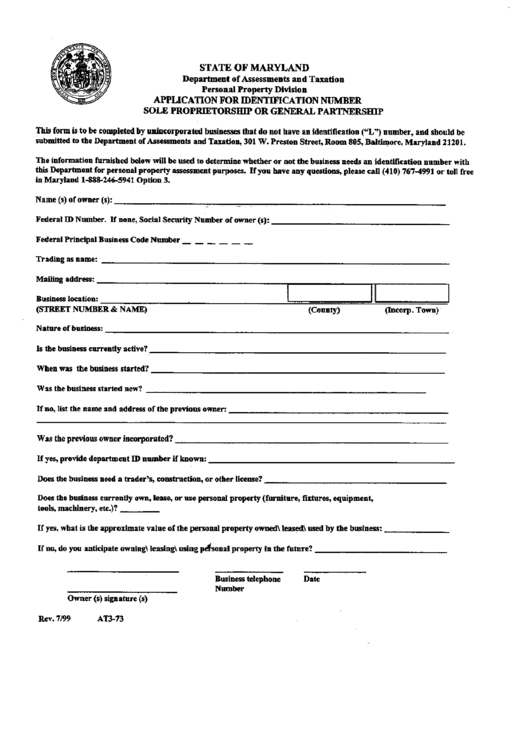 Form At3-73 - Application For Identification Number Sole Proprietorship Or General Partnership - 1999 Printable pdf
