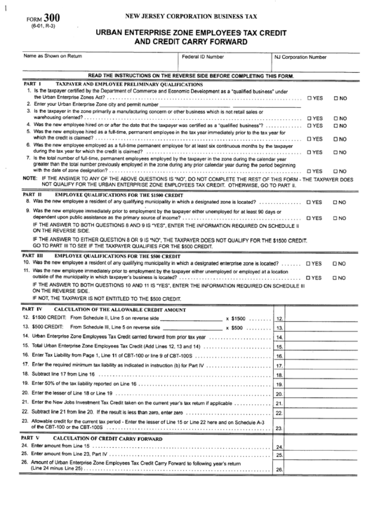 Form 300 - Urban Enterprise Zone Employees Tax Credit And Credit Carry Forward - New Jersey Corporation Business Tax Printable pdf