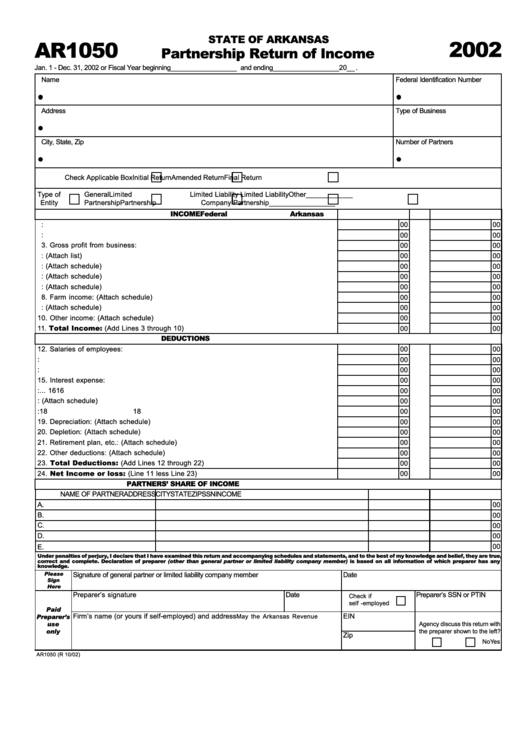 Form Ar1050 - Partnership Return Of Income - 2002 Printable pdf