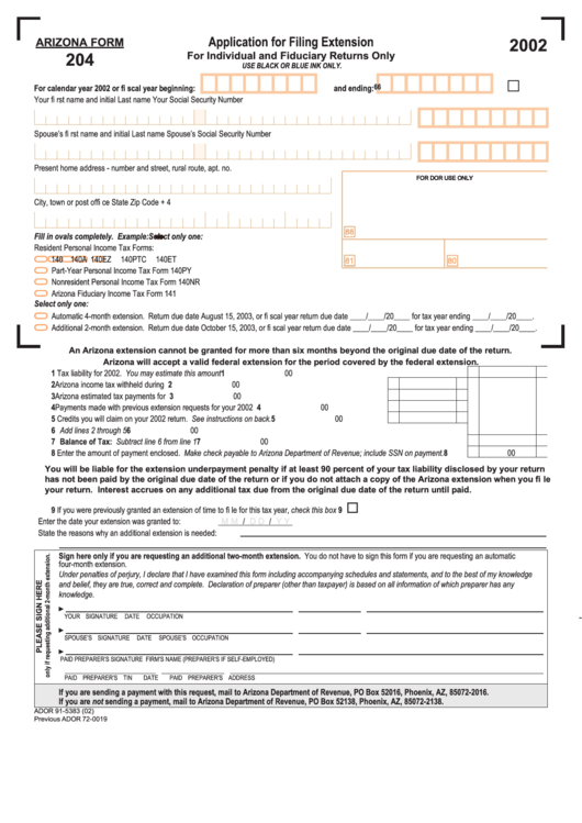Fillable Arizona Form 204 - Application For Filing Extension - 2002 Printable pdf