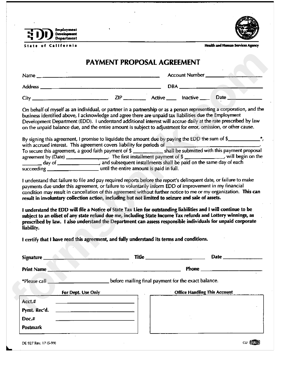 Form De 927 - Payment Proposal Agreement - Employment Development Department - 1999